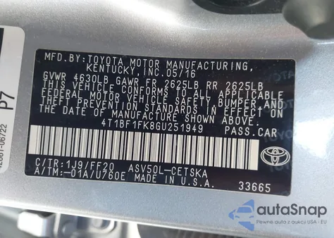 2016 Toyota Camry Le/Se/Xle/Xse из США, поврежденный, VIN 4T1BF1FK8GU251949